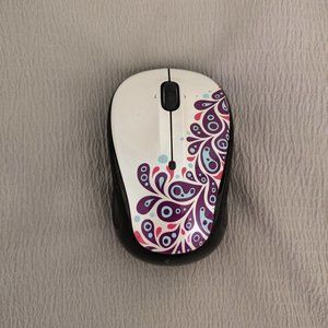 Logitech White Wireless Mouse w/ Purple/Pink/Blue Design, Black base